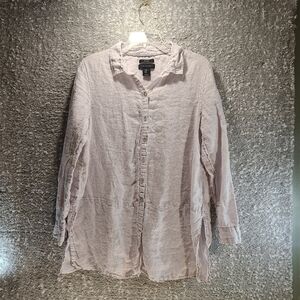 Tahari Purple Linen Button Up Tunic Lagenlook Shirt Women's Rolla Tab Slevee XL